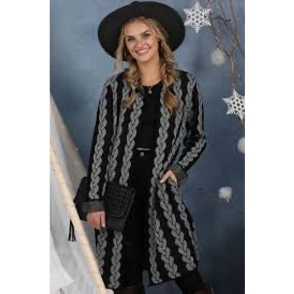 Gray and Black Long Knit Cardigan Teacher Academia Pockets L - Picture 2 of 9